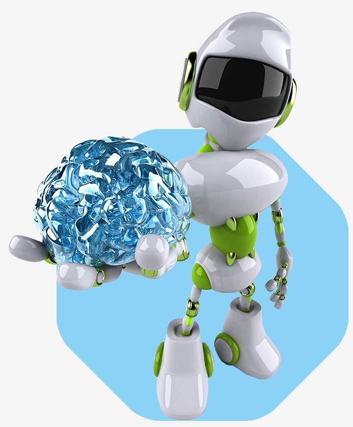 Robot holds an artificial brain in its hand. It symbolizes the AI Builder.