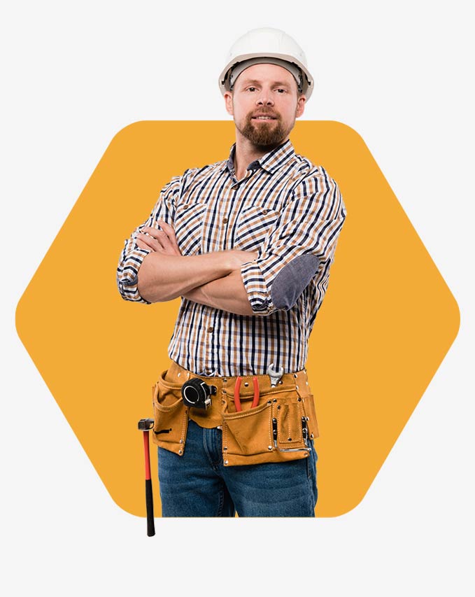 The picture shows a craftsman with a tool belt. The right tool for your field service is Dynamics 365 Field Service.