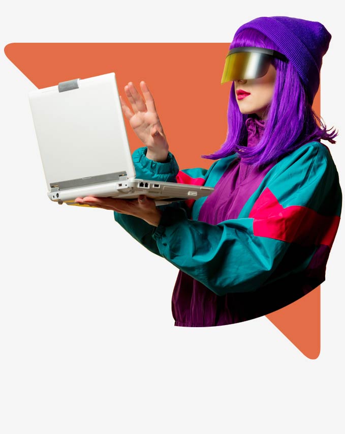 The picture shows a young woman with colorful clothes and purple hair. She has a laptop in her hand and is working with Dynamics 365 Customer Insights Journeys.