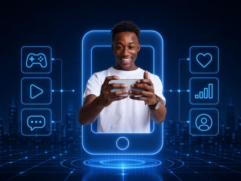 Freundlicher Mann mit HAndy und Hologramm-Hintergrund nutzt Mobile CRM App, um Außendienst-Informationen, Besuche und Serviceaufträge direkt beim Kunden zu bearbeiten.