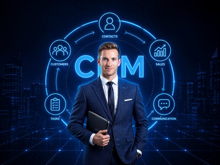 Freundlicher Experte von awisto berät zu CRM-Prozessen im Verrieb und Service-Außendienst. Er hat schönen Anzug und Laptop unterm Arm