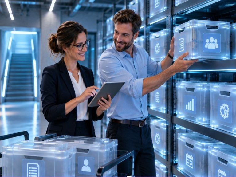 Two colleagues checking archived CRM data for long-term archiving in Dataverse